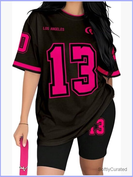 Pants - Oversized Graphic Jersey Shirt and Biker Shorts Set - Medium